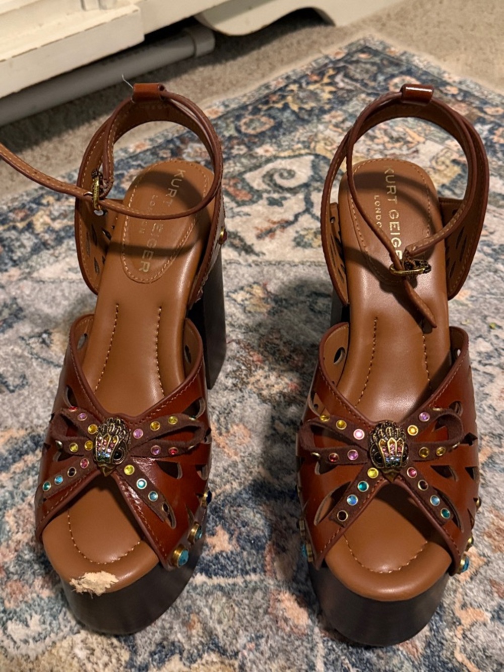Stuart Weitzman Brown Leather Jeweled Platform Sandals